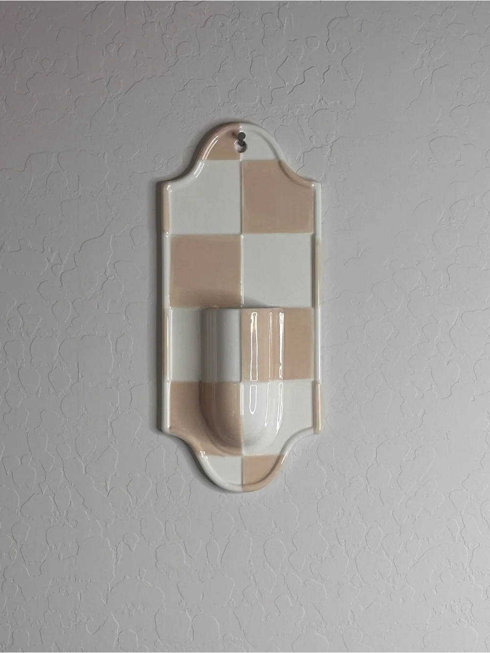Anthropologie Mari Stoneware Wall Pocket Vase Checkered Gingham NWT